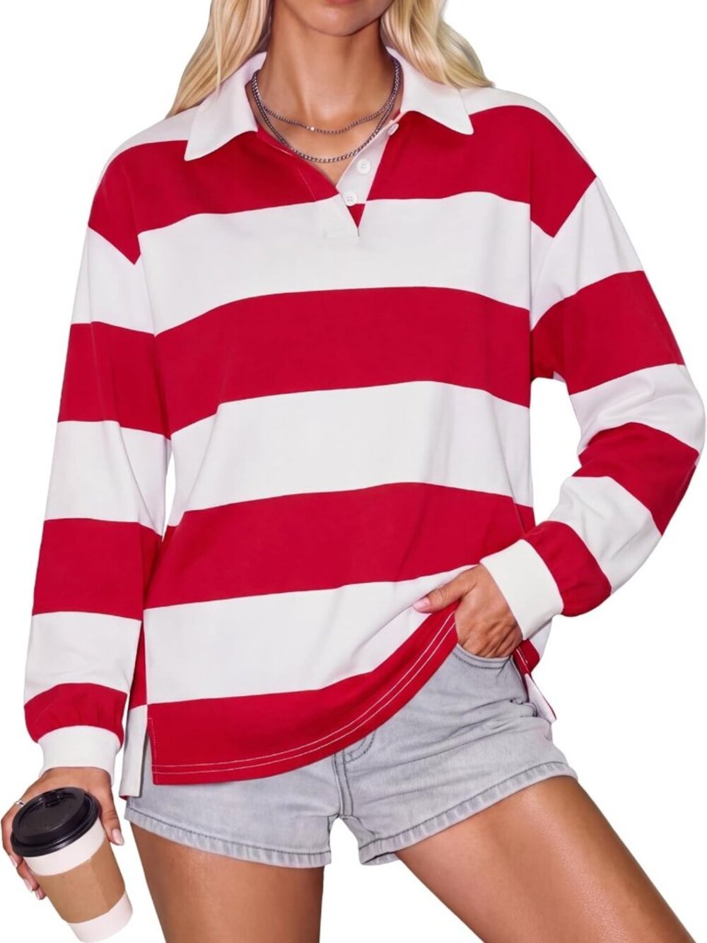 Oversized Striped V-Neck Long Sleeve Polo Shirt for Women - Casual Chic Top